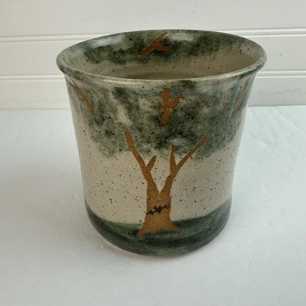 Artisan Utensil Holder Stoneware Art Pottery Crock Painted Tree Green Brown Boho